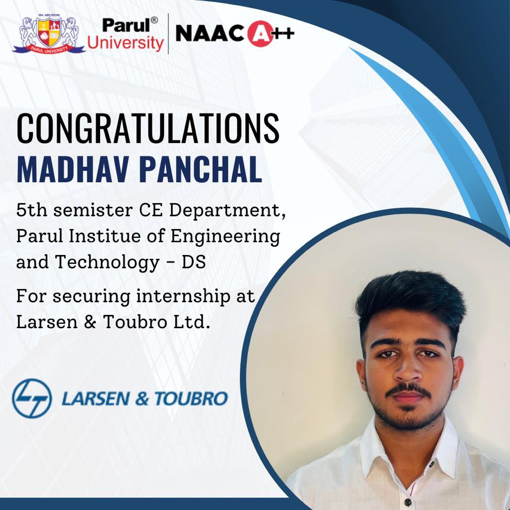 Congratulations to Madhav Panchal, student of the Computer Engineering Department, Parul Institute of Engineering and Technology - Diploma Studies, on receiving an internship at *LARSEN & TOUBRO(L&T)*

.
.
.
. 

#internship
#l&t
#diplomapu
#engineering
#paruluniversity