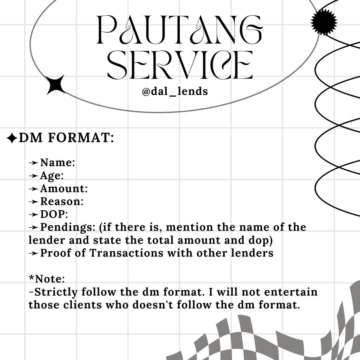 dal_lends's tweet photo. pautang service: open 

-1k max
-4 days max 
-prio old clients/good payer
-strictly follow dm format
- no to minor, personal acc, new acc.
-must have feedback
-max of 2-3 pendings only
-no reply = pass

dm to avail!
t.payo/pautang service https://t.co/rJn1BLdu8p