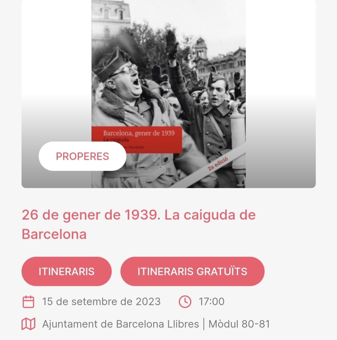 mireia_capcan's tweet photo. 📢 Nou itinerari de la #caiguda de #Barcelona a mans franquistes el #gener39 en el marc de @LaSetmana I amb @bcn_llibres
📆 Divendres 15 setembre, 17h
‼️ Inscripcions obertes ⤵️
https://t.co/hTaa2Md50I https://t.co/xnI2cki95f