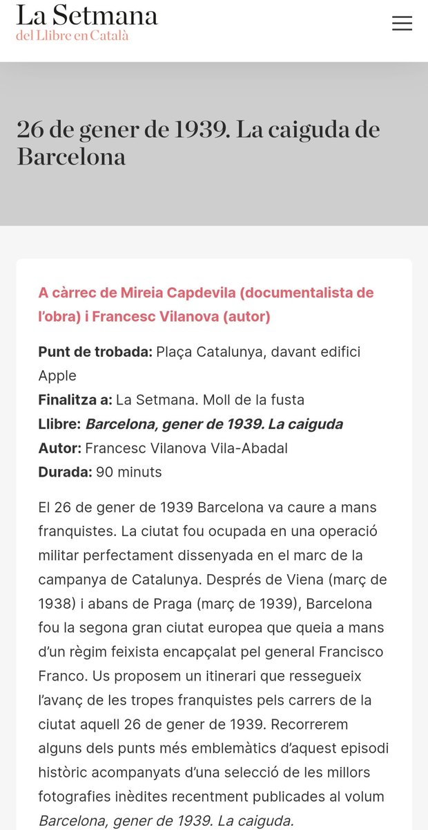 mireia_capcan's tweet photo. 📢 Nou itinerari de la #caiguda de #Barcelona a mans franquistes el #gener39 en el marc de @LaSetmana I amb @bcn_llibres
📆 Divendres 15 setembre, 17h
‼️ Inscripcions obertes ⤵️
https://t.co/hTaa2Md50I https://t.co/xnI2cki95f