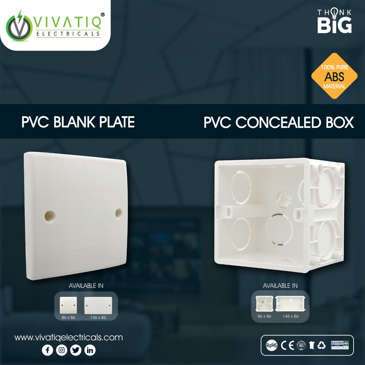 VivatiqEl's tweet image. PVC Blank Plate
Available in two sizes:
86 x 86 and 146 x 86

PVC Concealed Box
Available in two sizes:
86 x 86 and 146 x 86
#Vivatiqelectricals #Concealedbox #SwitchBox #wallbox #Ceilingconcealedbox #Surfacebox #pureABS #ThinkBig ⚡💡

☎️ Contact US: 0318-8482847