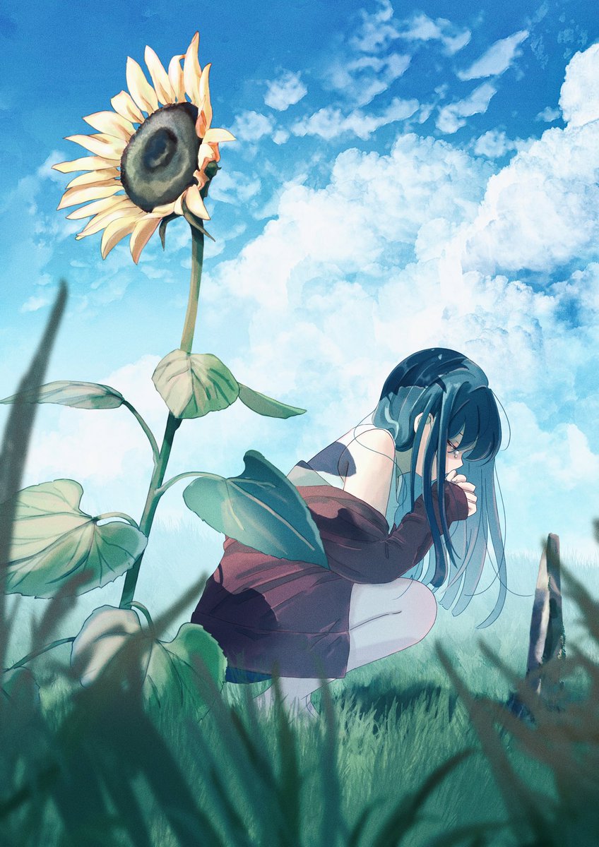 1girl flower solo cloud outdoors sky long hair  illustration images