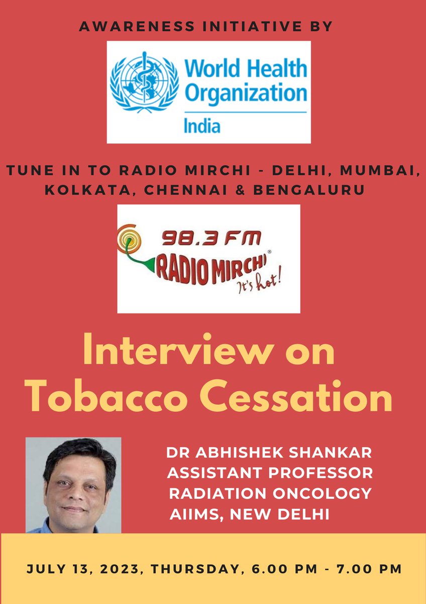 Pls tune in to @FmRadiomirchi to listen  my interview on Tobacco Cessation today from 6.00 PM to 7.00 PM at Radio Mirchi- Delhi, Mumbai, Kolkata, Chennai and Bengaluru. This is an awareness initiative by @WHO India office to make people more informed and alert. @MoHFW_INDIA @uicc