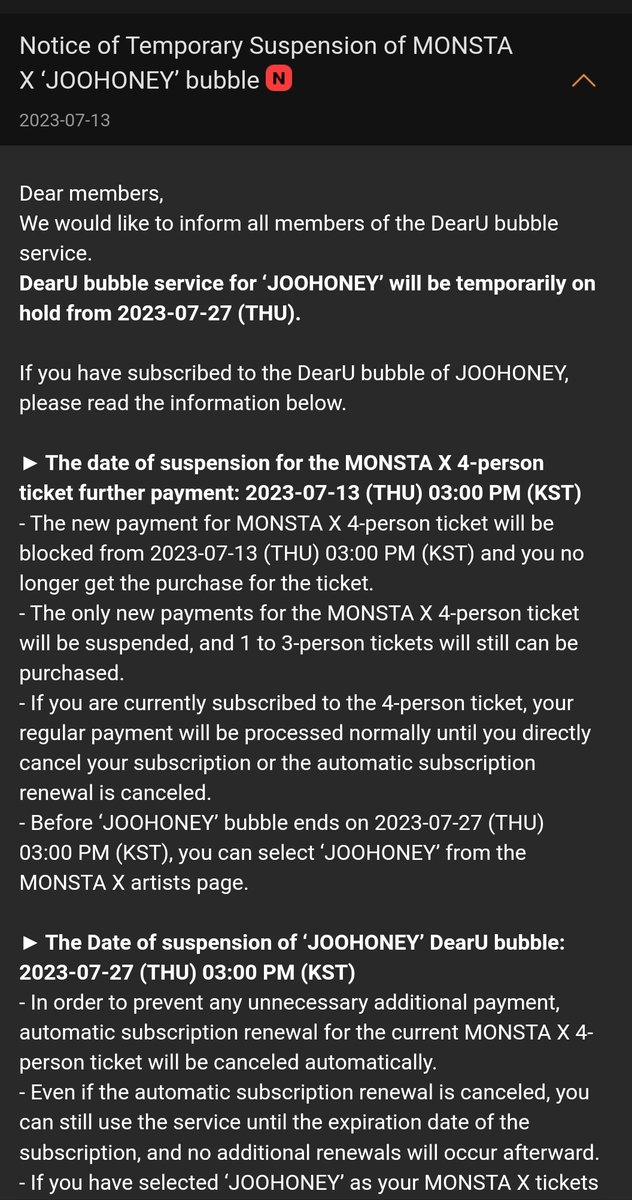 MonstaXVotingSQ's tweet image. [#JOOHONEY UPDATE]

Bubble for Starship issued notice for temporary suspension of #JOOHEON Bubble account, from July 27th because of his enlistment on July 24th.

#MONSTAX #MONSTA_X #JOOHEON #주헌 @OfficialMonstaX #몬스타엑스