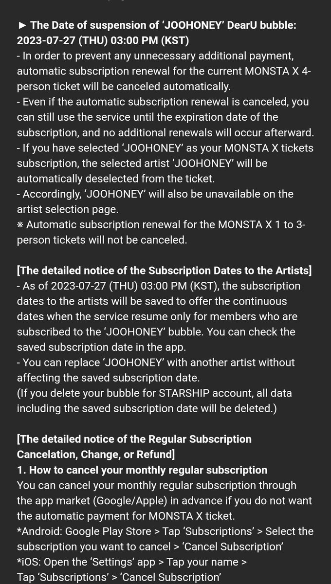MonstaXVotingSQ's tweet image. [#JOOHONEY UPDATE]

Bubble for Starship issued notice for temporary suspension of #JOOHEON Bubble account, from July 27th because of his enlistment on July 24th.

#MONSTAX #MONSTA_X #JOOHEON #주헌 @OfficialMonstaX #몬스타엑스