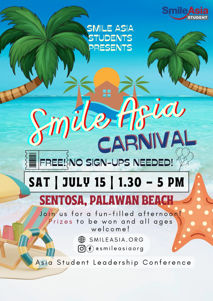 Join the fun at the Smile Asia student carnival this Saturday and help us spread smiles! 

#Sentosa #studentleaders #smiles #carnival