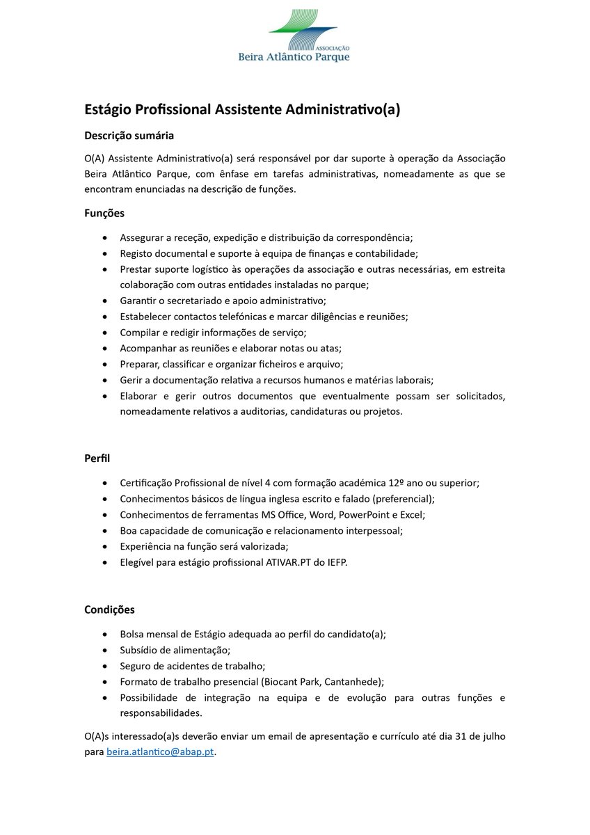 📢 [Estágio Profissional]: Assistente Administrativo(a) M/F

A ABAP encontra-se a recrutar um(a) assistente administrativo(a) para integrar a sua equipa.
✍️As candidaturas estão abertas até dia 31 de julho.
Se esta vaga é do teu interesse, consulta os detalhes da oferta em 👇