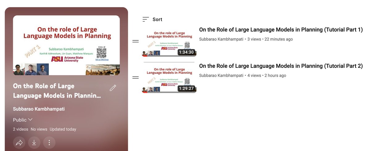 Subbarao Kambhampati (కంభంపాటి సుబ్బారావు) (@rao2z) on Twitter photo 📢📢 Our #ICAPS2023 tutorial "On the role of Large Language Models in Planning"--all 3 hours of it--presented at <a href="/ICAPSConference/">ICAPS Conference</a> in Praha this Monday, is now online.
👉 youtube.com/playlist?list=…
If you want to know whether or not LLMs can plan, this is just the ticket.. 1/ 📢📢 Our #ICAPS2023 tutorial "On the role of Large Language Models in Planning"--all 3 hours of it--presented at <a href="/ICAPSConference/">ICAPS Conference</a> in Praha this Monday, is now online.
👉 youtube.com/playlist?list=…
If you want to know whether or not LLMs can plan, this is just the ticket.. 1/