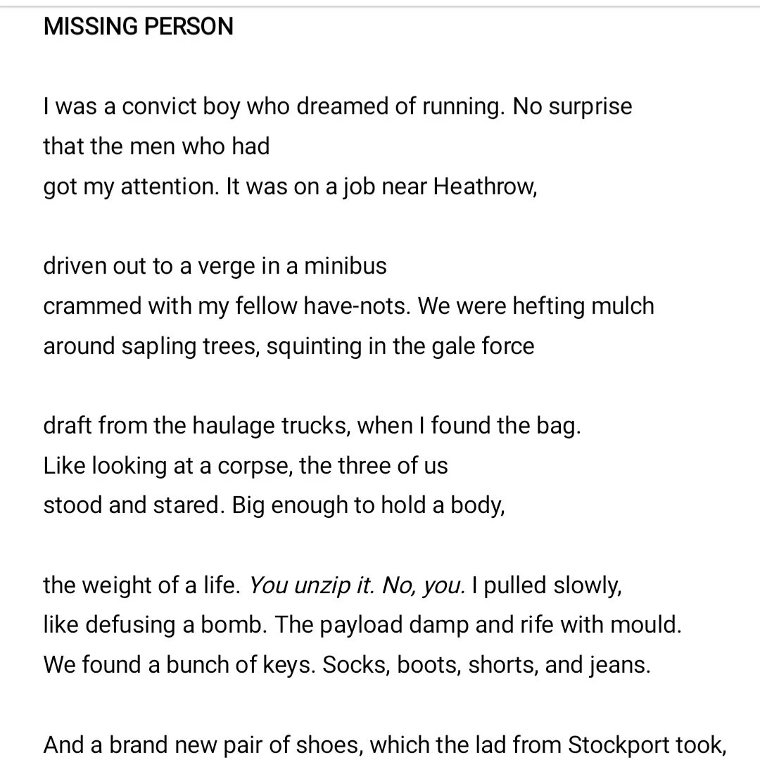 Nicholas Hogg (@nicholas_hogg) on Twitter photo Missing Person is out this October with <a href="/brokensleep/">Broken Sleep Books</a>. I've been working on it for about 25 years, and the title poem won the Liverpool Poetry Prize a few weeks ago. I have literally shovelled shit to get here. Missing Person is out this October with <a href="/brokensleep/">Broken Sleep Books</a>. I've been working on it for about 25 years, and the title poem won the Liverpool Poetry Prize a few weeks ago. I have literally shovelled shit to get here.