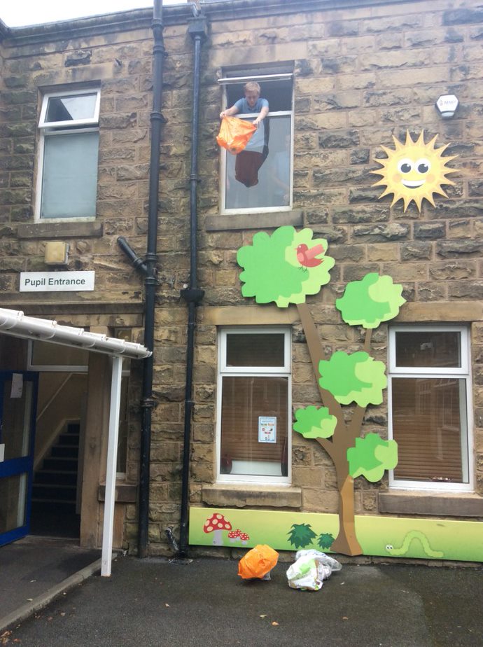 Class 10 made parachutes for their science experiment last week and let them out of the window at the pupil entrance