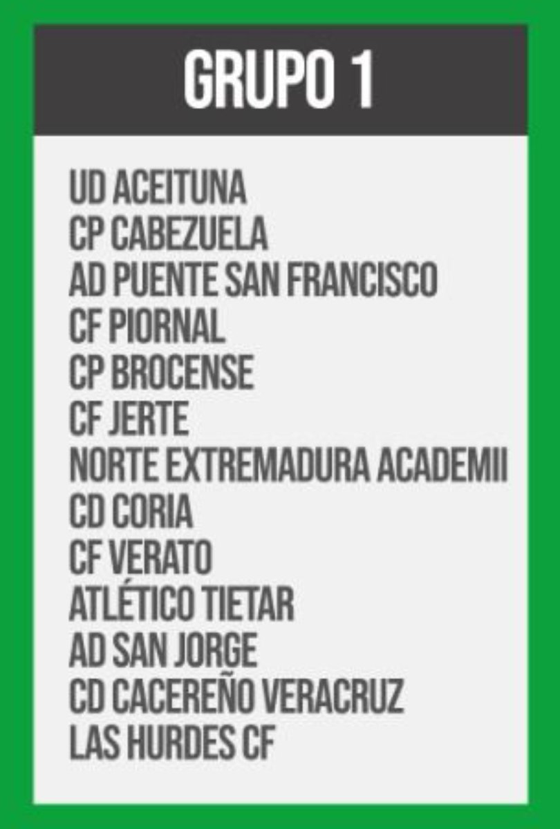 Buenos días, Tenemos la composición de los grupos. Nuestro equipo está encuadrado en el Grupo 1 estos serán los rivales a los que nos enfrentaremos la próxima  temporada

🟢 Inicio el 17 de Septiembre

🗓Calendario proximos días

#VamosPiornal  #2DivExtremeña #Ilusion #CFPiornal