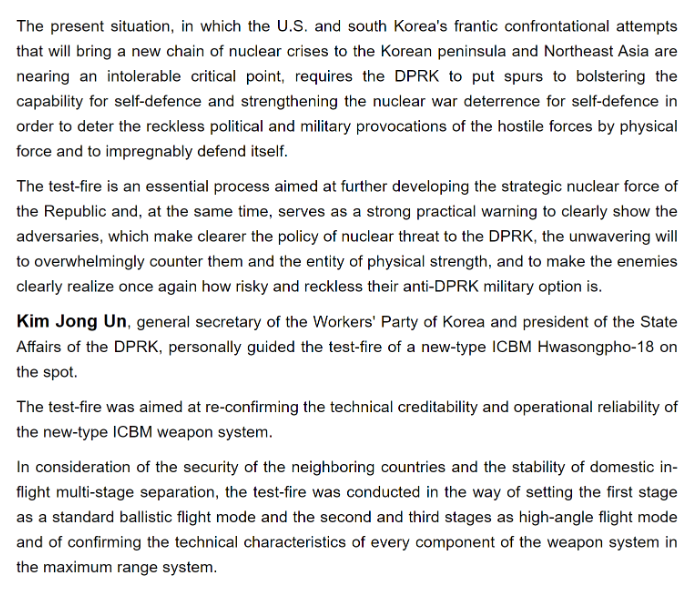 OpenNuclear's tweet photo. 📣The 12 July launch was the 2nd successful test of the solid-propellant Hwasong-18 ICBM. Similar to its 1st test, the HS-18 allegedly pulled itself up after 1st stage burnout, complicating the full range estimation.
 
📌See previous #ONNanalysis for more: https://t.co/ppxulFgYn1 https://t.co/ycCA8MBNSC