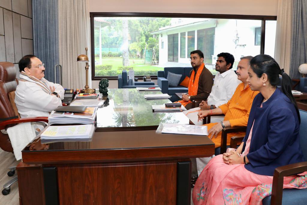 annamalai_k's tweet photo. It is always a pleasure to meet & interact with @BJP4India National President Thiru @JPNadda avl. 

Along with Thiru Satyen Gulabkar avl, Smt @vinushareddyb avl, Thiru @pushkarmisra avl, the 4 member delegation nominated by our party to attend the BRICS Political Parties Plus Dialogue Summit in South Africa next week, met our National President to seek his invaluable guidance today. 

The African National Congress, the ruling party in South Africa, is hosting the BRICS Political Parties Plus Dialogue Summit & has invited members of political parties from BRICS Nations in Johannesburg to deliberate issues of mutual interest to strengthen BRICS.  

@blsanthosh @vijai63