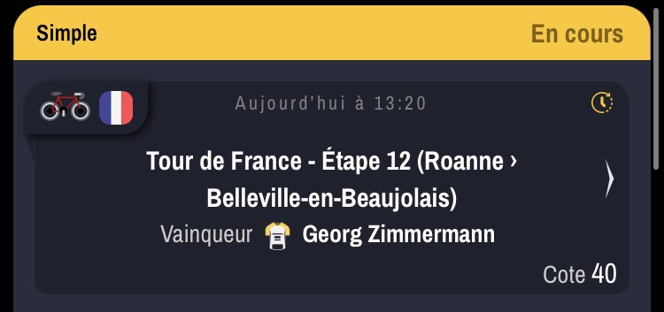 🚧 Etape 12 #TDF2023     🚧

Je rajoute une pièce 

🚵🏼‍♂️ Zimmermann - 40

S’il est dans l’échappée sa cote va drop et 40 en pré-live c’est Ok pour moi (si ça avait été 20-25 je n’aurais pas pris) 

Good luck all 🔥

#TeamParieur