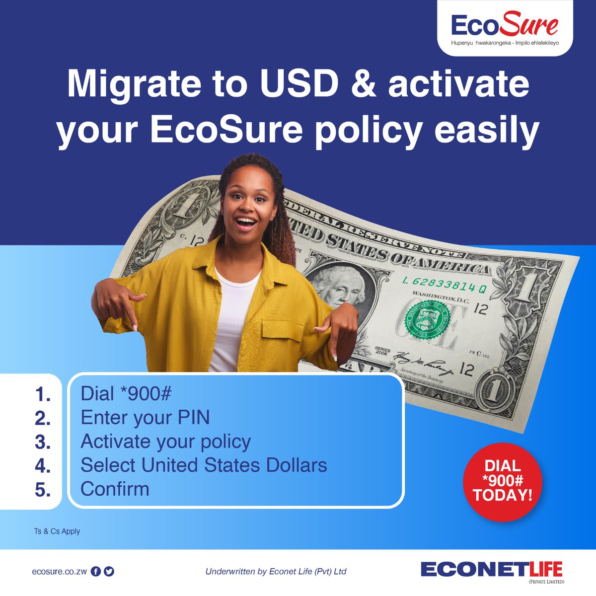 EcoSureZW's tweet image. Migrate from a ZWL policy to a USD policy with ease.  Dial *900# today.
#FuneralPolicy
#USDInsurance
#Insurance
