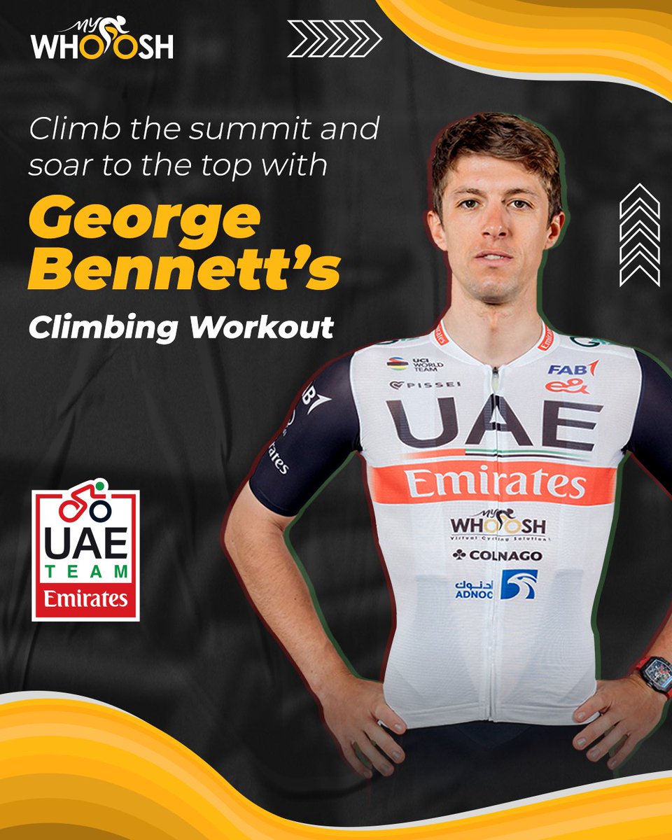 my_whoosh's tweet photo. Join #GeorgeBennett's epic TDF-style #Climbingworkout and unleash your inner mountain conqueror! Participate in all five @TeamEmiratesUAE workouts by July 23rd for a chance to win a signed jersey from @TamauPogi 🏔️🚵‍♂️

Learn More: https://t.co/jOzSQs9h4H

#MyWhooshTDFWorkouts #VirtualEvent #TDF2023 #ClimbLikeAChampion #WinSignedJersey #ChallengeYourself #VirtualCycling