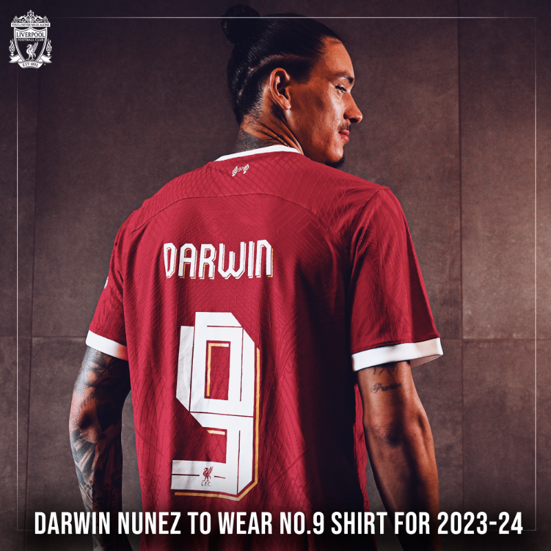LFC's tweet photo. .@Darwinn99 will wear the No.9 jersey for Liverpool for 2023-24 🙌

Fans who have already purchased new 2023-24 home and away jerseys printed with the name ‘Darwin’ and the number ‘27’ will be personally reimbursed by Nunez with a like-for-like exchange for a ‘Darwin 9’ shirt.