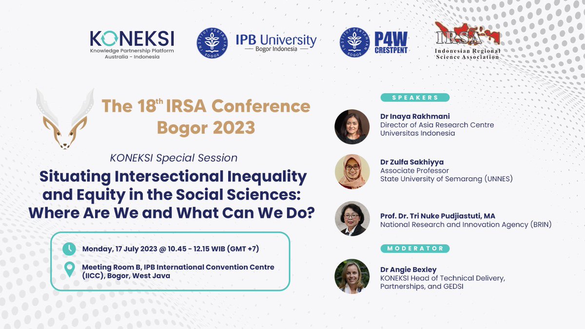 DrABexley's tweet photo. Join us in Bogor next Monday. KONEKSI In Dialogue on intersectional inequality

Join us to engage with leading experts and be a part of shaping the future of equitable social science research in Indonesia! #knowledgepartnerships

Registration: https://t.co/jeY7lHK7Ac https://t.co/gZPidORIGK