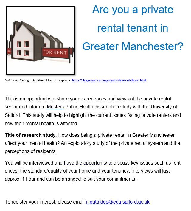 Salford PublicHealth (@salfordph) on Twitter photo π’ Calling all private rental tenants in #Manchester! π ππ Seeking participants for an MSc dissertation project focusing on your experiences. Your voice matters! Share your thoughts and help shape future solutions. πππ‘ PLS RT <a href="/mccarthyjets/">Robyn McCarthy</a> <a href="/dralexcc/">Dr Alex Clarke-Cornwell</a> <a href="/NicolaGuttridge/">Nicola Guttridge</a> π’ Calling all private rental tenants in #Manchester! π ππ Seeking participants for an MSc dissertation project focusing on your experiences. Your voice matters! Share your thoughts and help shape future solutions. πππ‘ PLS RT <a href="/mccarthyjets/">Robyn McCarthy</a> <a href="/dralexcc/">Dr Alex Clarke-Cornwell</a> <a href="/NicolaGuttridge/">Nicola Guttridge</a>