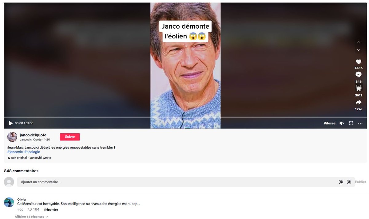 « Janco démonte l’éolien » : vidéo Tik Tok publiée le 20 janvier de cette année, déjà 588k vues en 6 mois.
1er commentaire : "Ce Monsieur est incroyable. Son intelligence au niveau des énergies est au top .." , 1166 likes.
Thread 👇