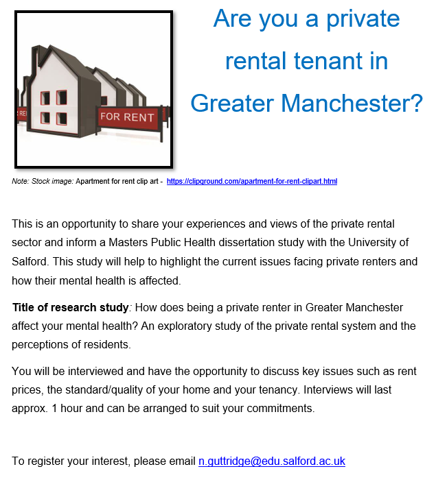 Please share across your networks.

#privaterenting #renting #housing #tenants #greatermanchester #privaterent #housingresearch #researchopportunity