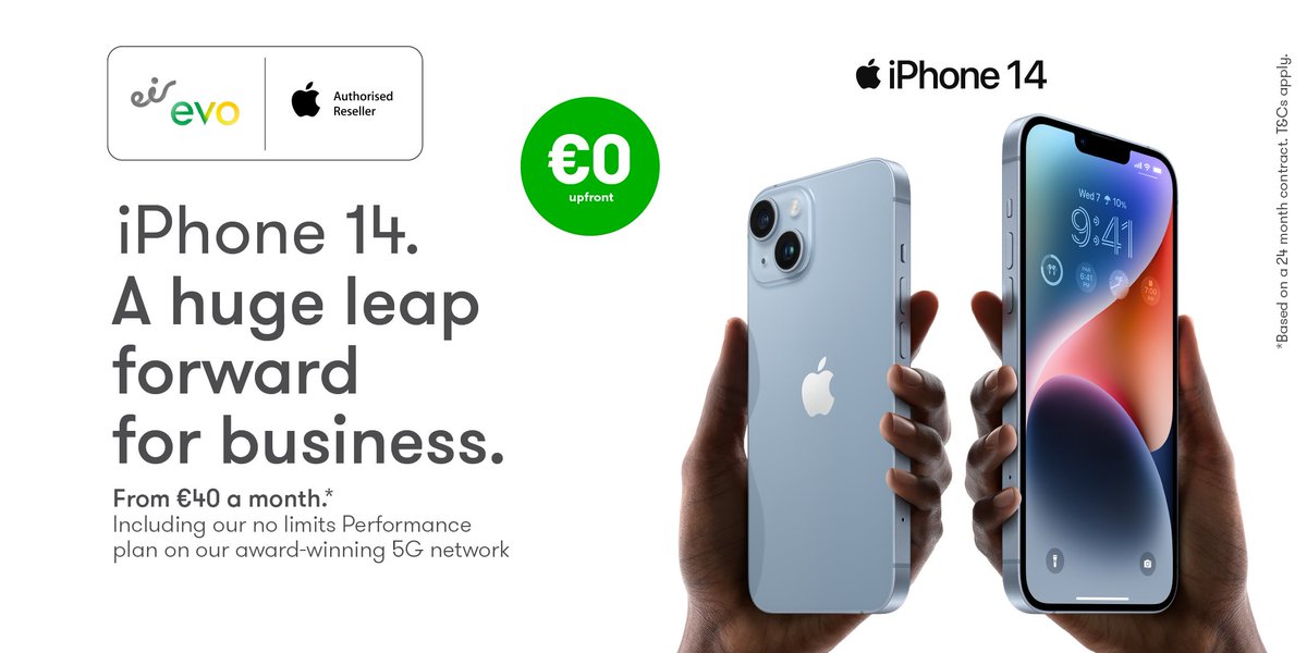 Keep your business connected with unlimited data, calls and texts on Ireland's largest 5G network with iPhone 14, for €0 upfront. 

Get in touch to find out more about eir evo Apple Fleet Swap here: hubs.li/Q01SQPjK0

#mobile #ict #itmanagement
