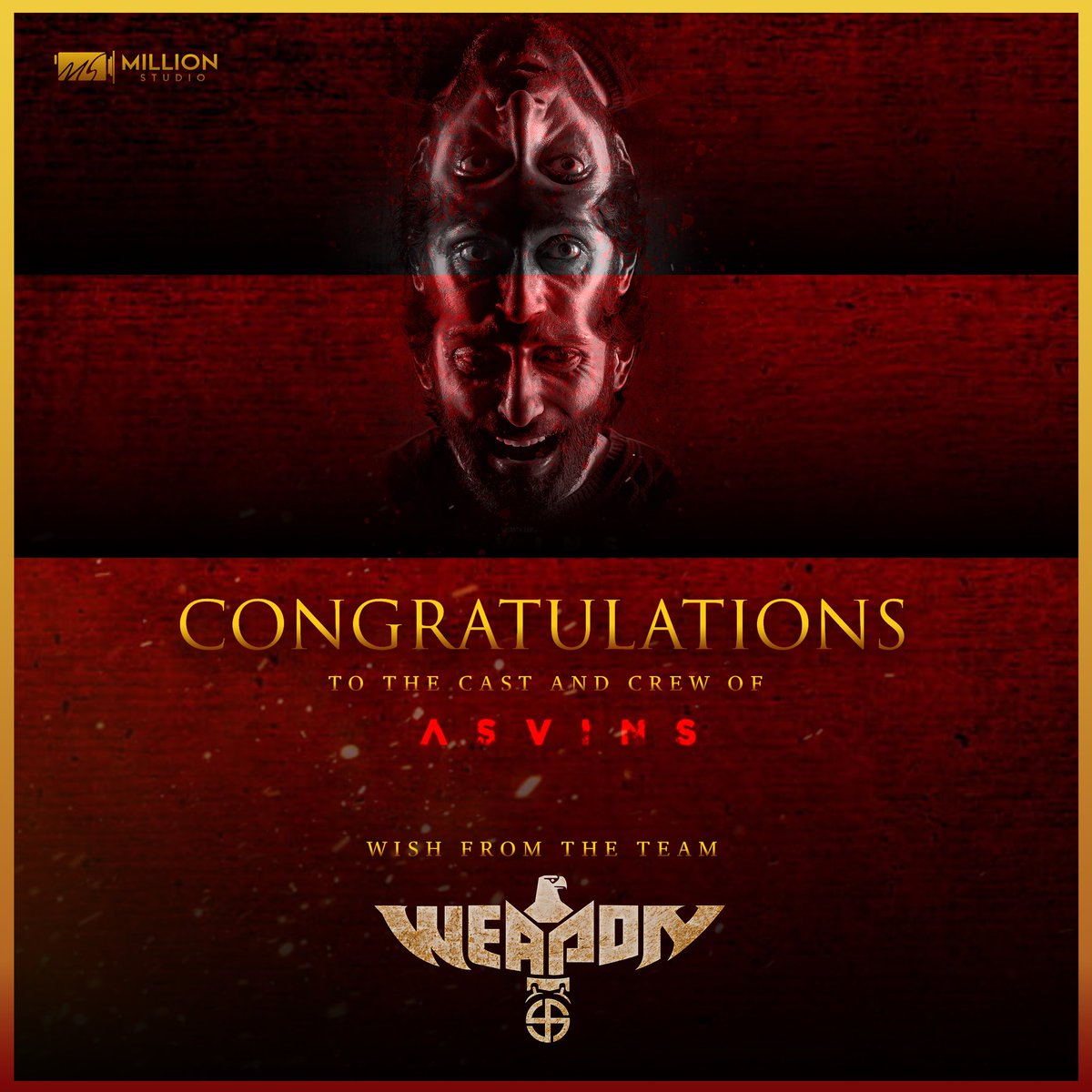 Million Studio (@millionstudioss) on Twitter photo Congratulations from team #WEAPONMOVIE and <a href="/MillionStudioss/">Million Studio</a> to <a href="/iamvasanthravi/">Vasanth Ravi</a> and the cast and crew of 'ASVINS' for the super-hit horror movie success. Congratulations from team #WEAPONMOVIE and <a href="/MillionStudioss/">Million Studio</a> to <a href="/iamvasanthravi/">Vasanth Ravi</a> and the cast and crew of 'ASVINS' for the super-hit horror movie success.