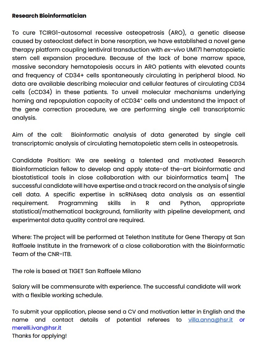 _chiaa_b93's tweet photo. 🔈 Bioinformatician fellowship available in Anna Villa's Lab at San Raffaele Telethon Institute for Gene Therapy (SR-Tiget) 🔈
For more details 👇 https://t.co/RC8wdFfVTC