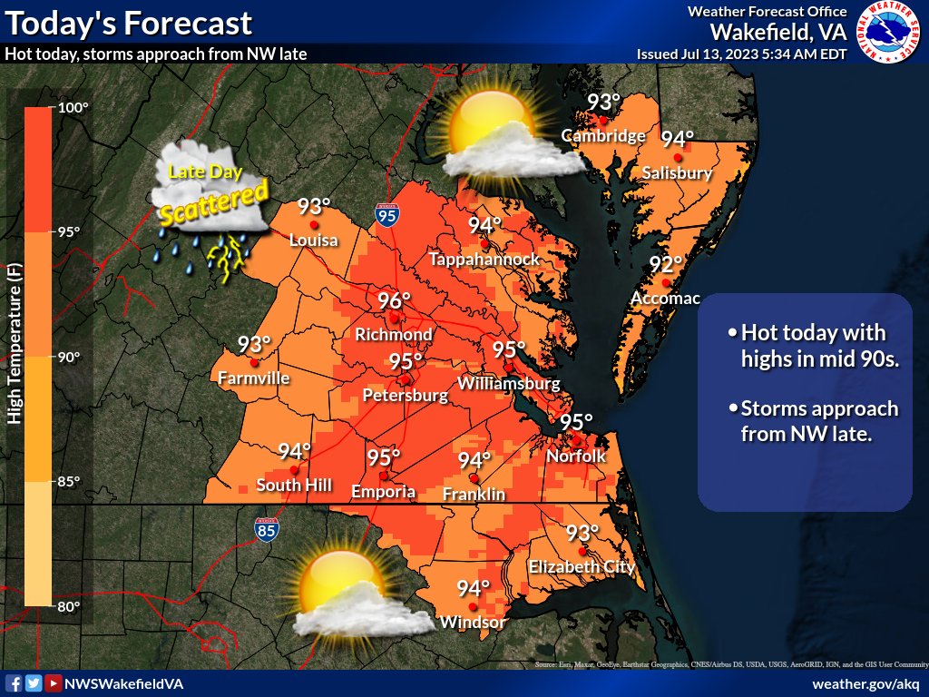 NWS Wakefield on Twitter "Good Morning! Hot today with a chance for late day storms. Turning