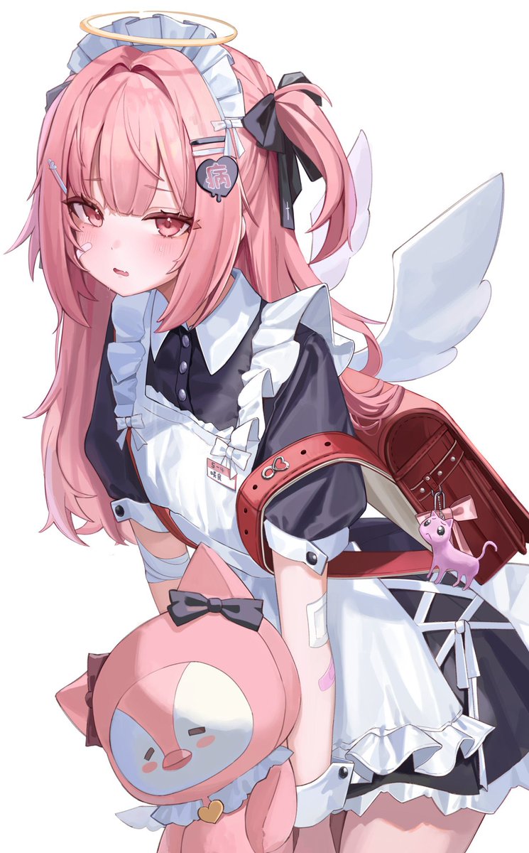 1girl pink hair bag maid headdress halo wings apron  illustration images