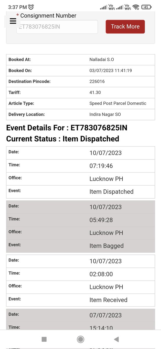talktopuneet's tweet photo. @IndiaPostOffice I wonder still there is no progress, please refer speed post status attached https://t.co/J2Ds2wuTfi