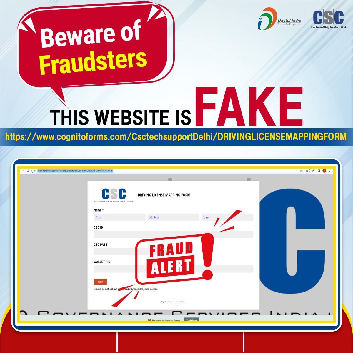 CSCegov_'s tweet photo. Beware of Fraudsters!

This website is FAKE: https://t.co/vt0d0lBqk3

Contact #CSC official social media channels for authentication.

To report, call us at 14599 or write us on helpdesk@csc.gov.in or marketing@csc.gov.in

#Beware #BewareVLEs #FakeWebsites #FraudWebsites https://t.co/0hrb0FApEY