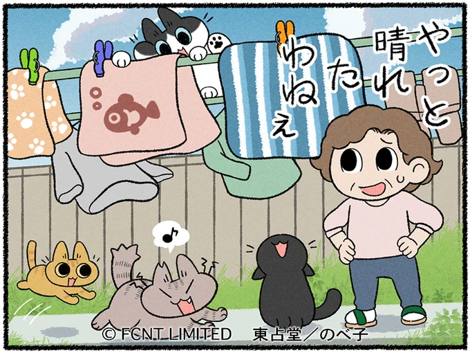 マメトクちゃん掲載されました!🐈‍🐈 今回は梅雨明けイラスト!大阪も早く梅雨明けてほしい  https://mametoku.community2.fmworld.net/tane/525390/ #マメとトクのひだまり日記 #らくらくまめ得 #猫イラスト