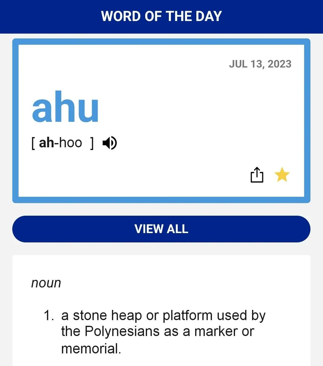 Definition of: 'ahu' is: 'a stone heap or platform used by the Polynesians as a marker or memorial.'. Learn more at: 'https://t.co/WXz2l9epgN' https://t.co/6oeWVIVGgY