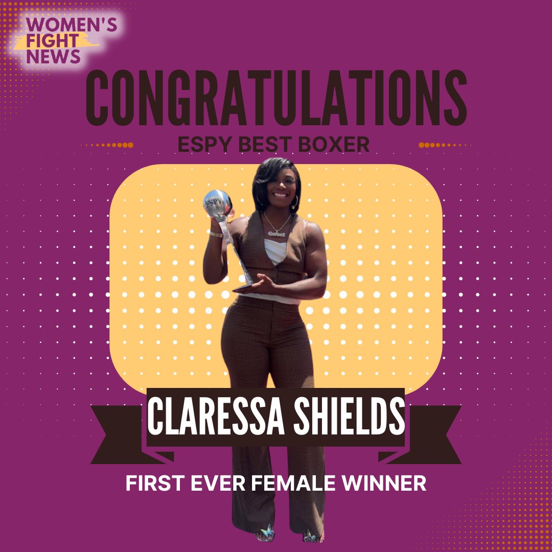 WomensFightNew1's tweet photo. Congratulations to @ClaressaShields for winning the #ESPY for #BestBoxer! The first woman to ever take home this honour and deserves it. The #GWOAT and an inspiration to all. 🥊🏆👏 https://t.co/j1R0wxHIcD
