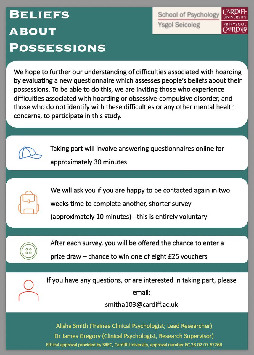 CloudsEndCIC's tweet image. The School of Psychology at Cardiff University is looking for volunteers to aid them in a new research project📚

All of what they do is with the hope of providing better understanding and treatment options for those living with Hoarding Disorder / Behaviour in years to come🙌🏼