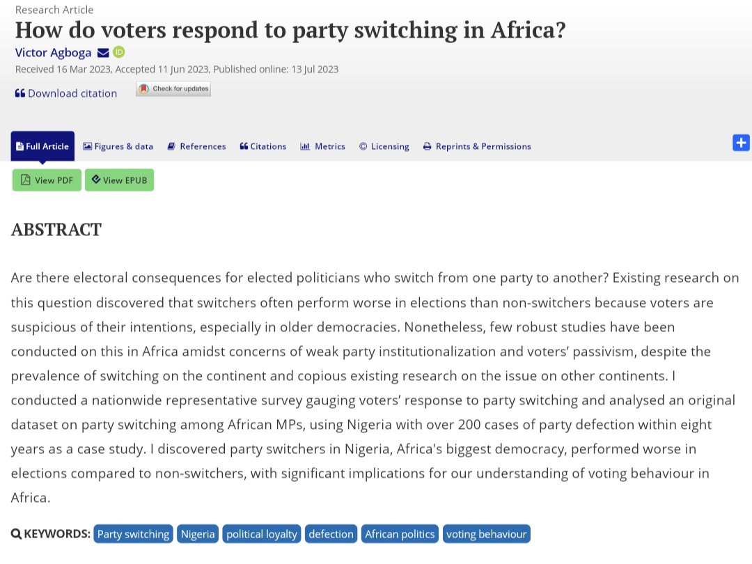 Publication Alert 📢 First paper from my PhD research has been published. 🎉 Contrary to speculations that party switchers incur no punishment in non-western democracies, I discover that in Nigeria, switchers perform worse in elections. Open access 👍🏾 tandfonline.com/doi/full/10.10…