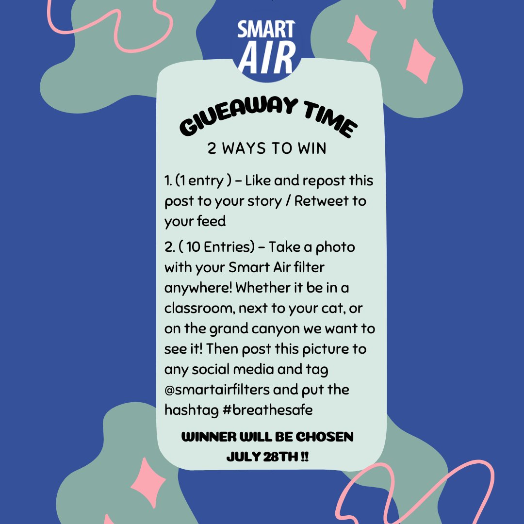 SmartAirFilters's tweet image. GIVEAWAY TIME for a chance to win a QT3 air purifier! 

1️⃣ Like, Retweet, and Repost this giveaway post. ( 1 entry )
2️⃣ Snap a pic of your Smart Air product in use or with your pets.( 10 entries)
3️⃣ Share your photo on your social media, tag @SmartAirFilters and use #BreatheSafe