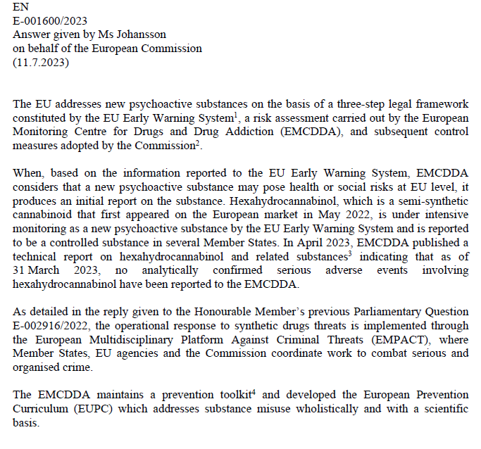 IUjvary's tweet photo. European Parliament Q&amp;A on hexahydrocannabinol:
Q: "Does [Euroean Commission] plan to ban this highly harmful substance from EU markets and does it intend to run a prevention campaign ..? https://t.co/Kwn8bcFID3
A: https://t.co/rHpttGvfRq https://t.co/LOZUc7jOne