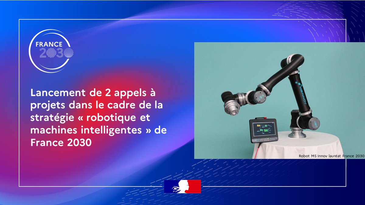 (1/4) #France2030 | 🦾 Lancement de 2 nouveaux AAP pour soutenir les équipements innovants et souverains en robotique :

✅ AAP « Offre de robots et machines intelligentes d’excellence »

✅ AAP « Défi transfert robotique »

➕ rb.gy/q1xfw