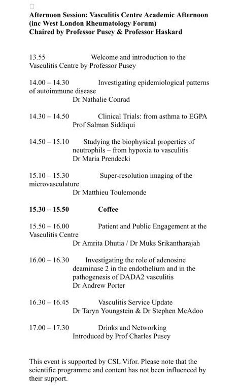 Thank you to all delegates who attended the Vasculitis Day in person or online Thank you to our speakers and chairpersons Thank you to our centre administrator Lisa Quinn for her hard work in arranging the meeting From: @stephenmcadoo @TYoungstein @Profcpusey #vasculitis