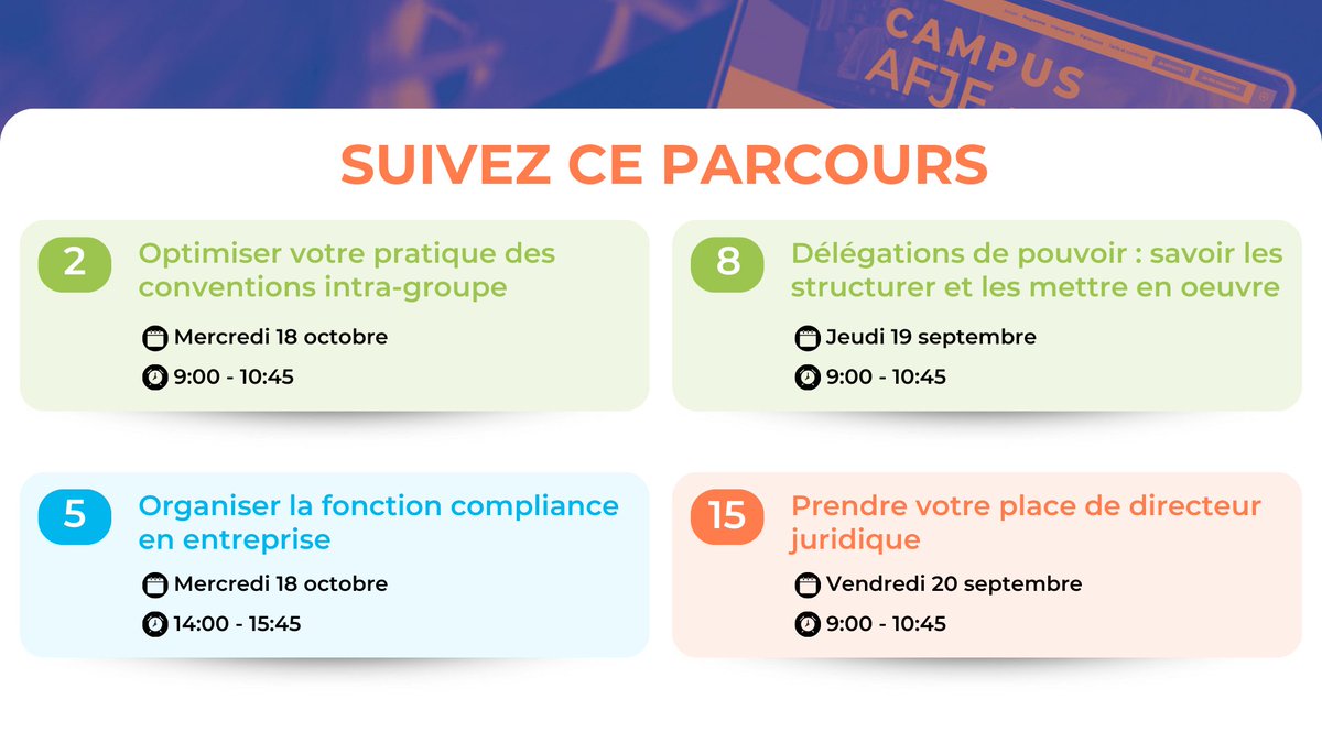 👤 💻 🎓 #CAMPUSAFJE Votre direction juridique n'est pas forcément petite : plutôt agile et costaude ! Plusieurs sessions de CAMPUS AFJE ont été spécialement pensées pour vous et traitent des enjeux qui sont les vôtres. Inscrivez-vous ! 👉 lnkd.in/ekGaY3FY