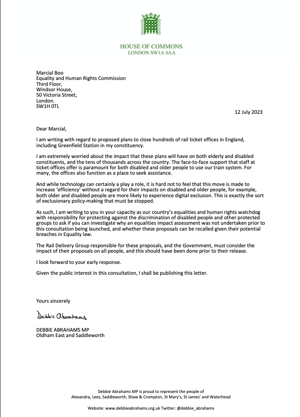 📧 I have written to the Equality and Human Rights Commission regarding the Government’s failure to hold an equalities impact assessment on their proposal to close ticket offices, including #Greenfield #saveourticketoffices