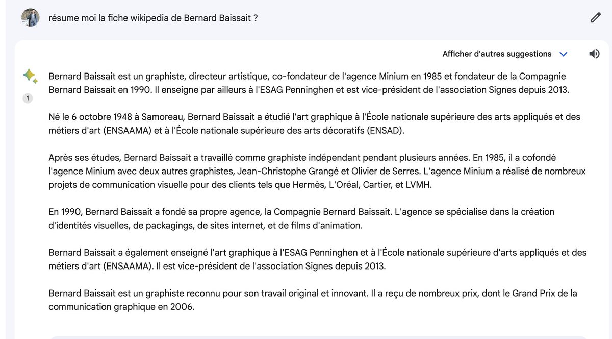 VictorBaissait's tweet photo. Un autre test de #GoogleBrad et c'est bourré d'erreur.s La tâche était simple résumer une page Wikipedia et il invente des trucs qui ne sont même pas dans la fiche wikipedia https://t.co/q4D56SEAhj