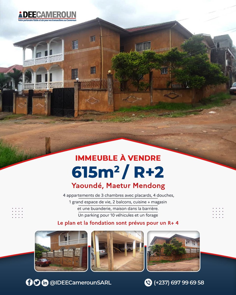 CamerounIdee's tweet photo. ⛔ Immeuble à vendre !

Situé à Yaoundé au quartier Mendong (Maetur)

✅ R+2 sur un terrain de 615m2
✅ La fondation est prévue pour un R+4

Pour plus d'informations contactez notre service client : +237 697 99 69 58

#IdeeCameroun #standing #Business https://t.co/ii35JTcAoX