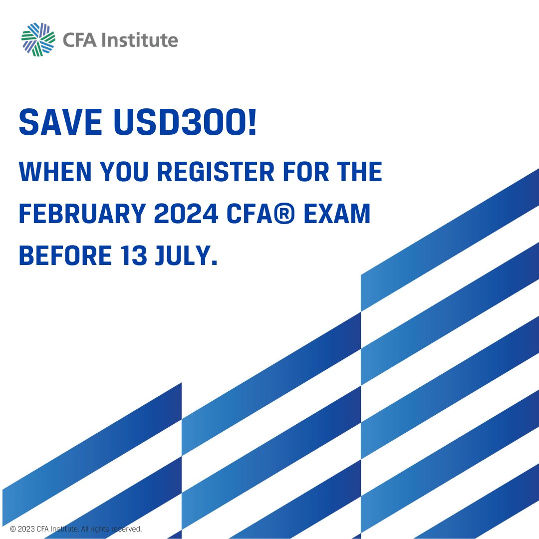 CFAProgram's tweet photo. Early registration ends TODAY! 

February 2024 CFA exam, Level I and III, will have the new enhancements added to the program. Learn about the updates: https://t.co/awGi5ZiEXX 

Register by 11:59pm ET to save USD$300.  https://t.co/Od1ap4tE5s https://t.co/G6V1Mvkg4T