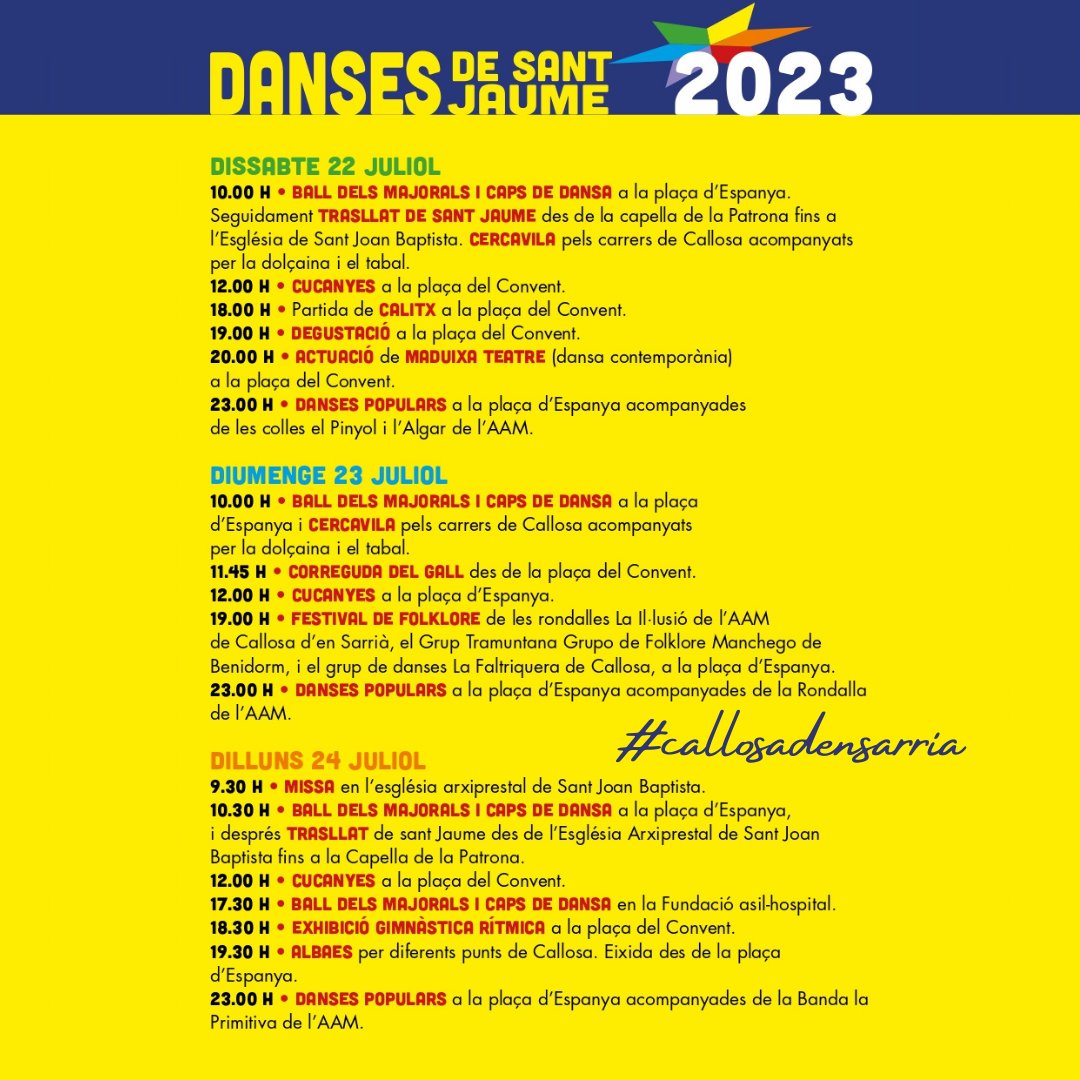 Turismo_Callosa's tweet photo. 𝗗𝗮𝗻𝘀𝗲𝘀 𝗱𝗲 𝗦𝗮𝗻𝘁 𝗝𝗮𝘂𝗺𝗲 𝟮𝟬𝟮𝟯
Les festes més antigues de la comarca!
En 1819 ja es troba la primera referencia d'elles, per l'historiador Adolf Salvà.
Vine a Callosa a disfrutar de La festa del Fadrí. 22, 23 i 24 de juliol.

#callosadensarria
#costablanca https://t.co/zBEhliPdDE