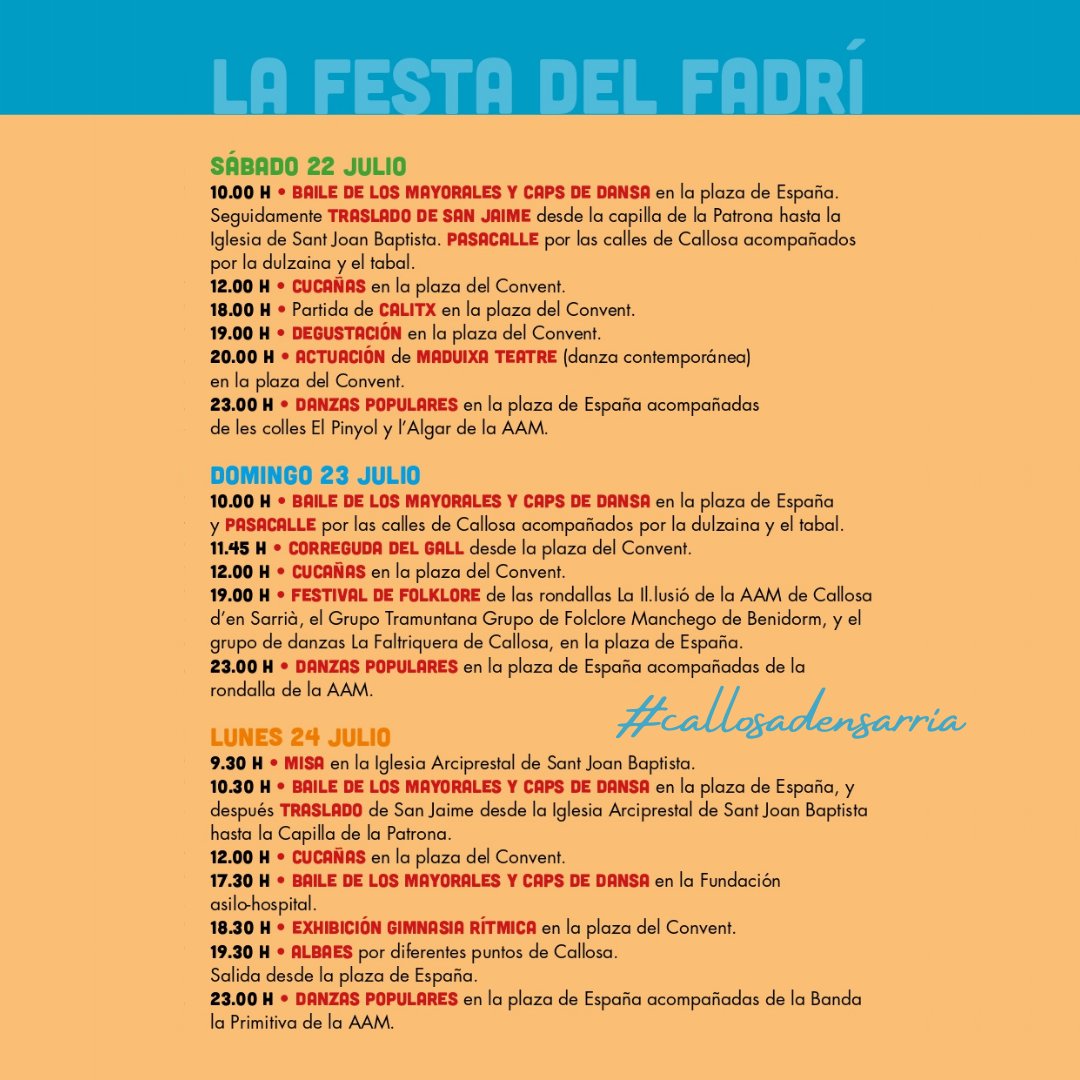 𝗗𝗮𝗻𝘀𝗲𝘀 𝗱𝗲 𝗦𝗮𝗻𝘁 𝗝𝗮𝘂𝗺𝗲 𝟮𝟬𝟮𝟯
Les festes més antigues de la comarca!
En 1819 ja es troba la primera referencia d'elles, per l'historiador Adolf Salvà.
Vine a Callosa a disfrutar de La festa del Fadrí. 22, 23 i 24 de juliol.

#callosadensarria
#costablanca