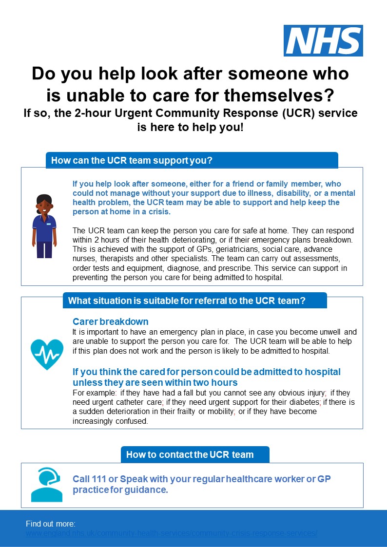 Urgent Community Response Service is here to help Carers <a href="/KerryhearseyMBE/">Kerry Hearsey MBE</a>  <a href="/CarersTrust/">Carers Trust</a>  <a href="/CarersUK/">Carers UK</a>  <a href="/NHSuk/">NHS</a>