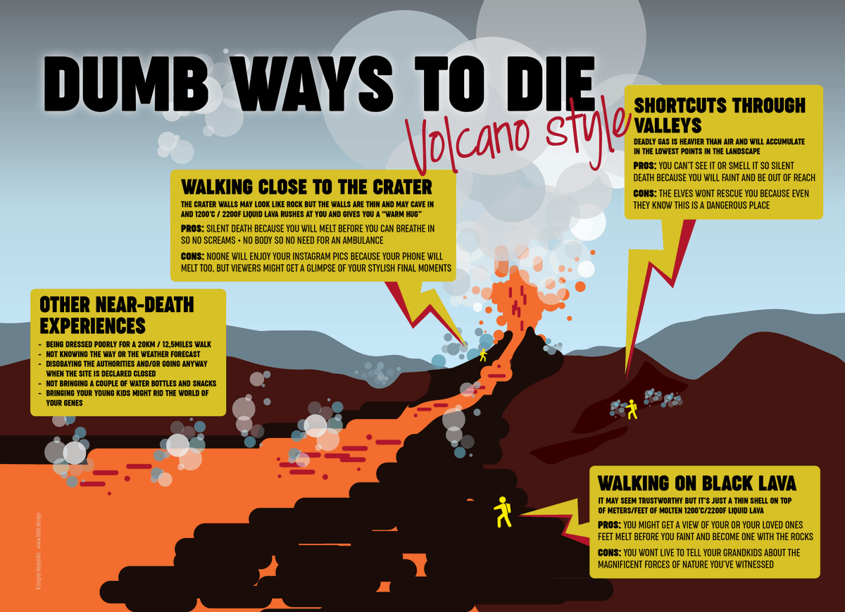 Two years ago I made a poster for the Environment Agency of Iceland @umhverfis regarding the volcanic activity back then - this morning being outraged by stupidity I built on that poster with my black-as-cold-lava humour 😏
 - but seriously, don't die #eldgos #iceland #volcano